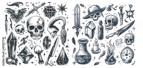 Witch hand drawn magic elements, crystals, sarcophagi, knives, mystery tattoos sketch modern illustration icons set