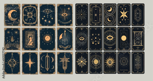  An esoteric  spiritual tarot reader moon, crystal and magic eye symbols modern illustration set