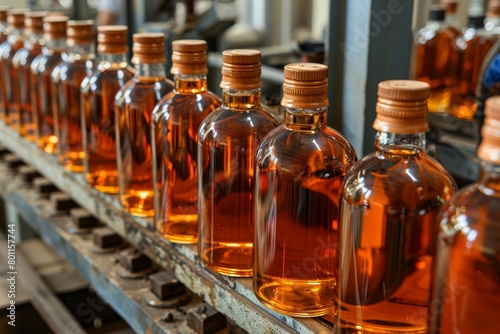 Whiskey bottling process in a traditional factory setup for efficient production