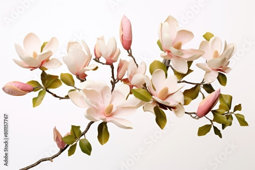 Blooming white and pink close-up flowers of magnolia on a branch with young leaves  growing in spring park or botanical garden  with blurred white background
