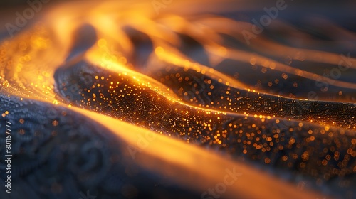 Golden sunset light reflecting on sandy beach with shimmering particles. Serene beach and sunset concept. Design for travel poster, background, and environmental awareness.