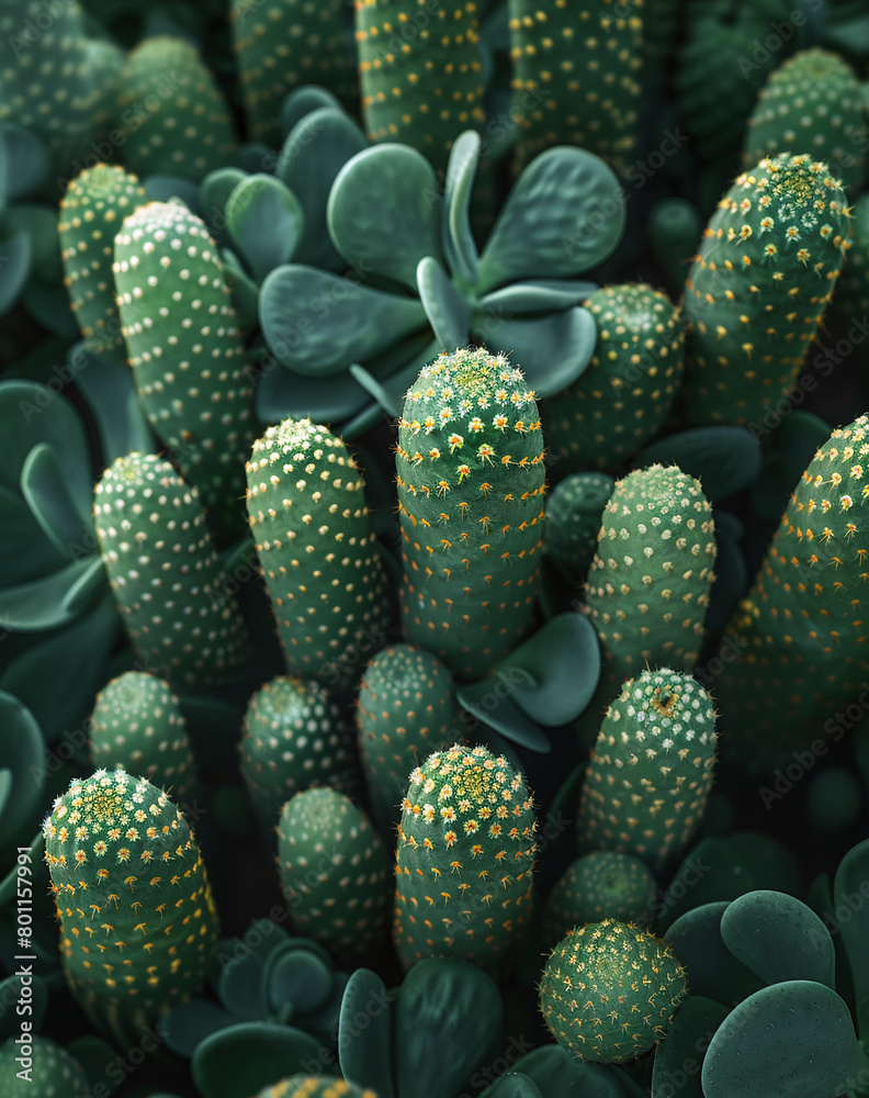 Close-up of green cacti with yellow spikes, surrounded by succulent plants with a soft focus background. Close-up of green cacti with yellow spikes, surrounded by succulent plants with a soft focus background.