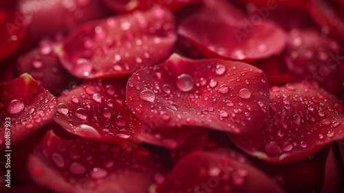 Red rose petals with water drops closeup