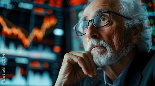 Senior male stock trader analyzing financial data on multiple computer screens. Finance and economy concept. Suitable for design in business, finance, and technology themes
