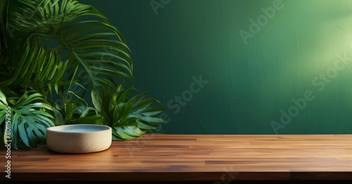 wood table green wall background with sunlight window create leaf shadow on wall with blur indoor green plant foreground. panoramic banner mockup for display of product. eco friendly interior concept 