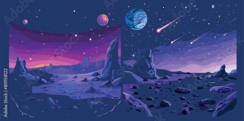 The surface of a cosmic planet with craters, the landscape of futuristic celestial bodies