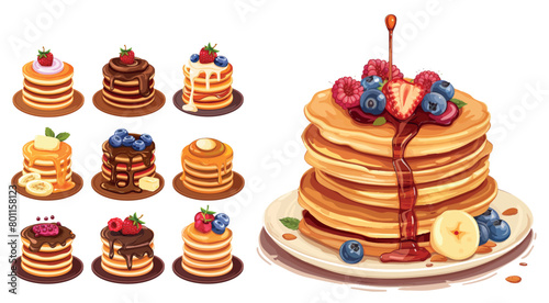 Cartoon pancakes topped with maple syrup, butter, chocolate syrup, fruit, and jam. American brunch with berries and nuts.