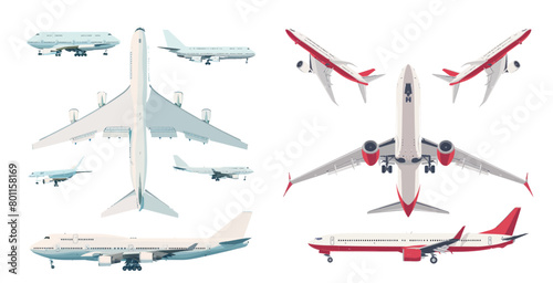 Flying airplane isolated modern illustrations. View of a plane from the front, side, and top