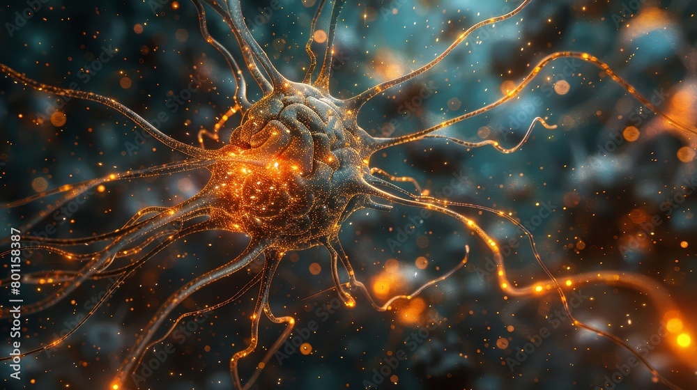 A glowing brain cell with a lot of branches A glowing brain cell with a lot of branches