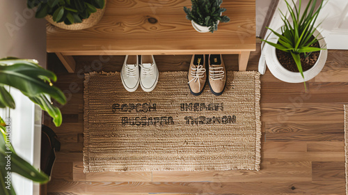 Doormats with words and shoes in hall top view photo