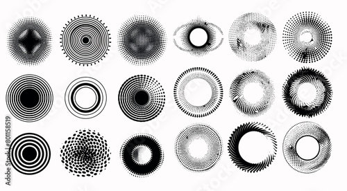 Halftone round frames, rotating dotted circle shapes. Geometric art, radial border design.