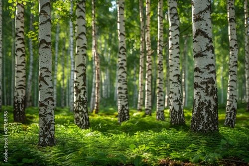 Birch Tree Forest  White bark contrasting with a green forest floor. 