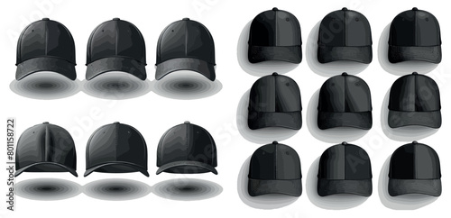 A realistic mockup of a black cap, a baseball cap template with visor, summer hats with visors, and uniform hats in different views.