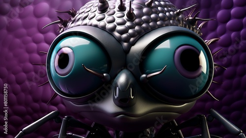 A 3D rendering of a housefly with a metallic purple body and green eyes. photo