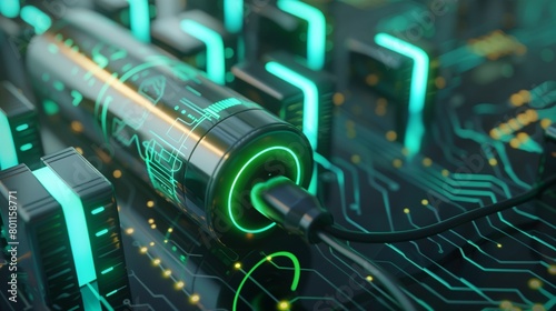 Technology battery high power electric energy with a connected charging cable. Battery to electric cars and mobile devices with clean electric, Green renewable energy battery storage future.