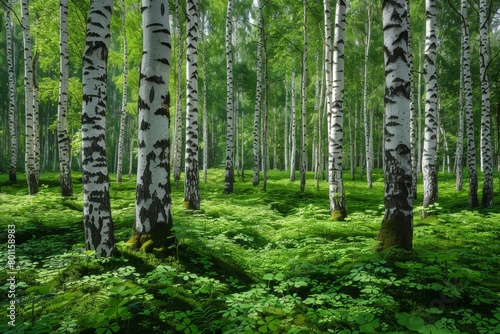 Birch Tree Forest: White bark contrasting with a green forest floor. 