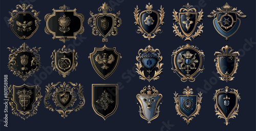 Isolated knights shield heraldic decoration isolated modern icon set with vintage ornamental frames