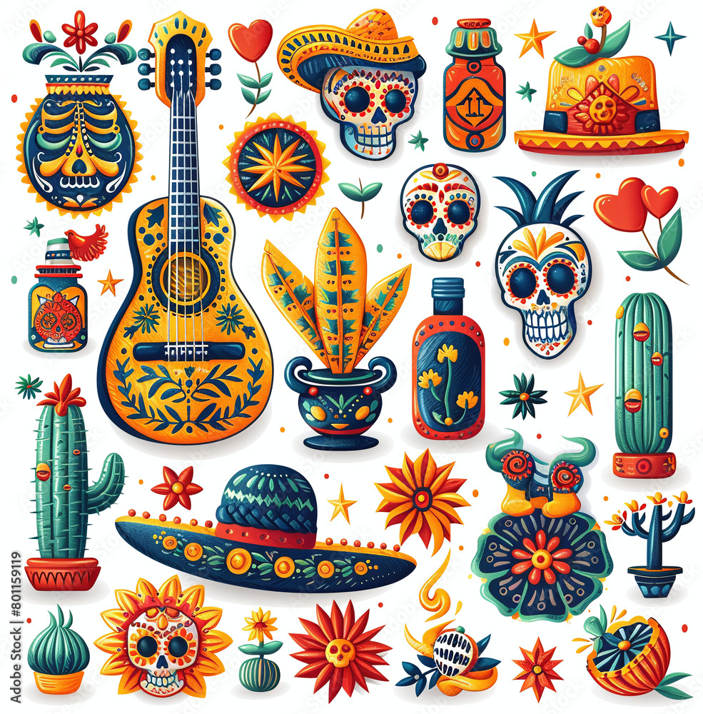 Colorful collection of Mexican Day of the Dead (Dia de los Muertos) themed icons including decorated skulls, cacti, guitars, and flowers, all in a vibrant, folk art style.