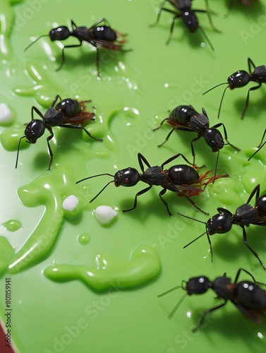 Ants are crawling on a green surface. The ants are black and the surface is green. The ants are moving around and exploring the surface.