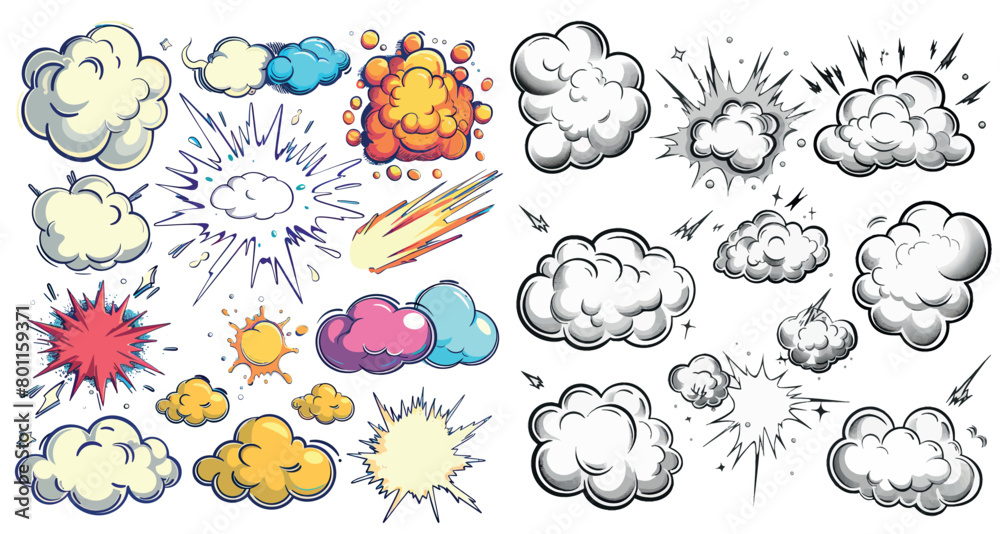 An illustration set of cartoon explosions, comics words, thinking bubbles An illustration set of cartoon explosions, comics words, thinking bubbles