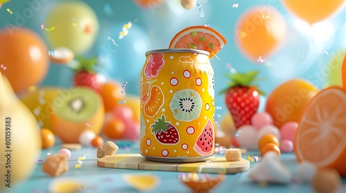 Cartoon Fruits Adorn KidFriendly Juice Can on Picnic Table Surrounded by Childrens Party Items photo
