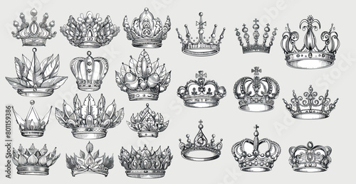  King crown sketches, majestic tiaras, and a royal tiara with the king and queen