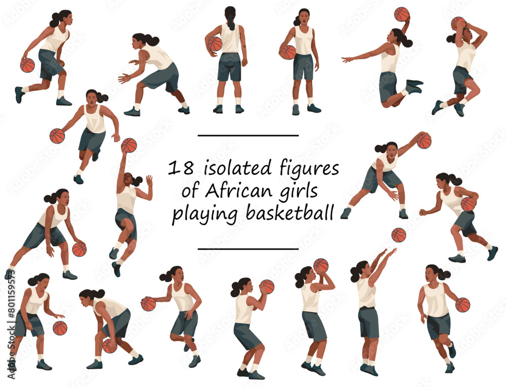 18 black girls women's basketball players in white jersey standing, running, jumping, throwing, shooting, passing the ball