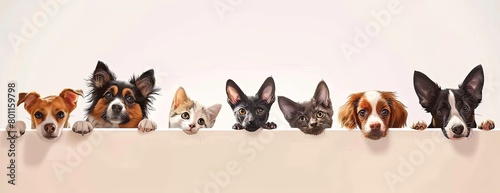 Dogs and cats peeking over a white wall, showcasing various dog breeds