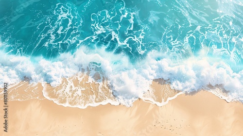 Aerial view of beautiful sandy beach with turquoise ocean waves.