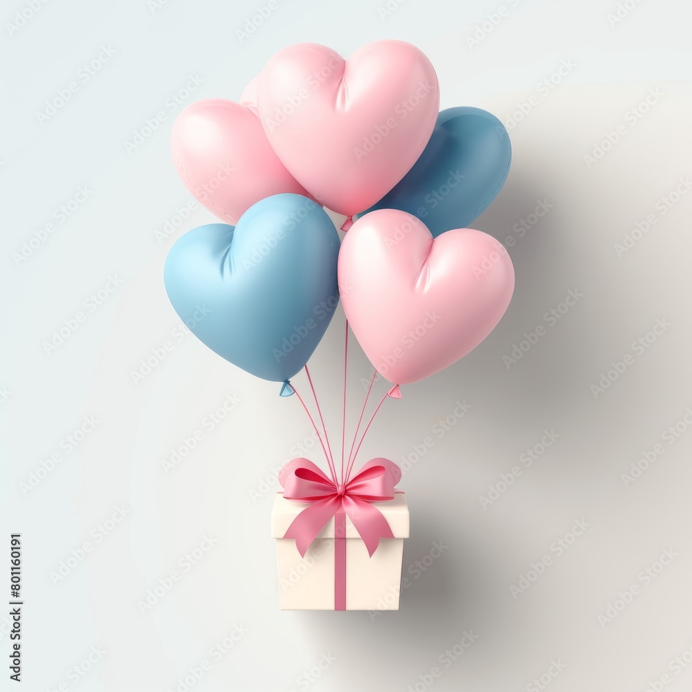 Happy valentines day celebration greeting card pink and blue air balloons in heart shape with wrapped gift box vertical Illustration on white background