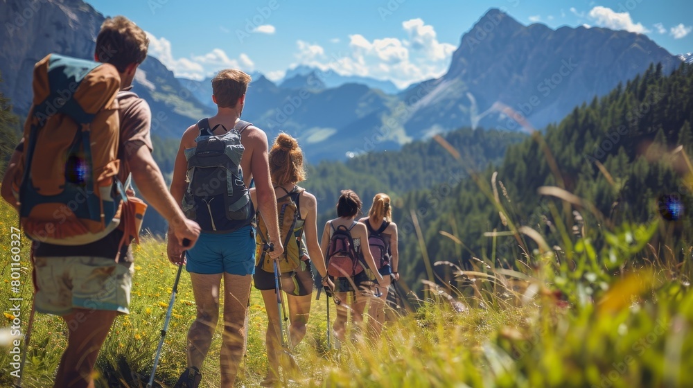 Group of fit healthy friends trekking in the mountains, Generative AI