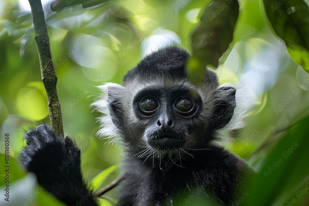 A baby monkey is holding a branch in its hand A baby monkey is holding a branch in its hand