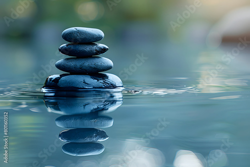 Perfectly balanced stack of smooth  rounded zen stones emerging from calm water. Peace and tranquility concept. Suitable for design in wellness  meditation  and nature themes