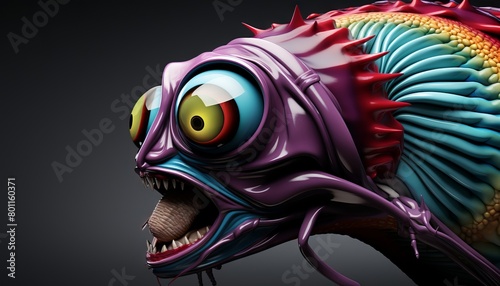 The image shows a 3D rendering of a colorful and abstract fish-like creature with large eyes and a gaping mouth