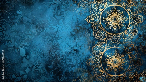 Abstract blue grunge background with golden ornament art. copy space.