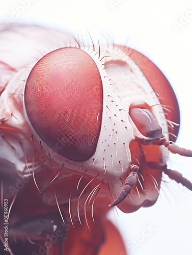 The image shows a close-up of a fly's head. The fly's eyes are red and faceted, and its mouth is open. The image is very detailed, and the fly's face is terlihat jelas. photo