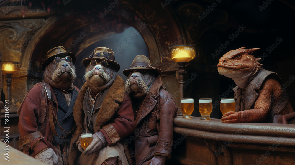 AI generated illustration of animals in hats and leather outfits standing at a bar