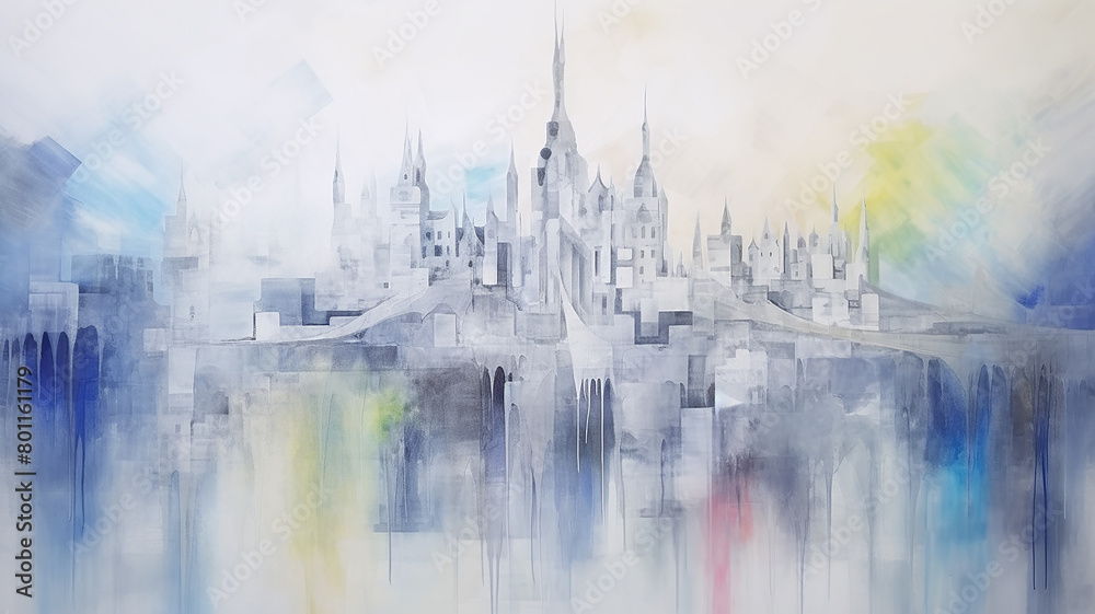 Fototapeta premium fairy tale princess castle, art work painting in impressionism style, light background white and blue shade design, background copy space