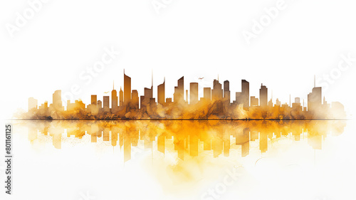 yellow summer silhouette of the city, illustration on a white background, cityline liquid paint, the concept of a seasonal calendar of urban life