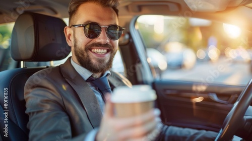 Close up of smiling businessman driving car while drinking coffee. He is looking at camera © PaulShlykov