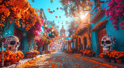 A vibrant street decorated with orange marigolds and colorful skulls for Day of the Dead in Mexico, showcasing traditional decorations and a festive atmosphere. photo