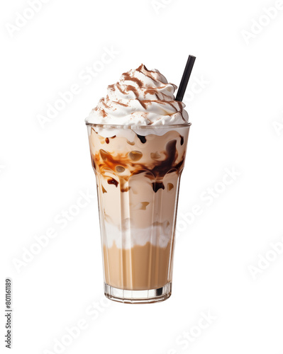 Caramel macchiato with layers of espresso, milk, foam, and a generous caramel drizzle, served with a straw. Generative AI 