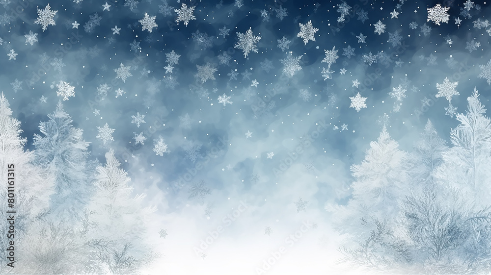 winter landscape, greeting card copy space, Christmas background of falling snowflakes, snowfall in the New Year's forest, illustration winter landscape, greeting card copy space, Christmas background of falling snowflakes, snowfall in the New Year's forest, illustration