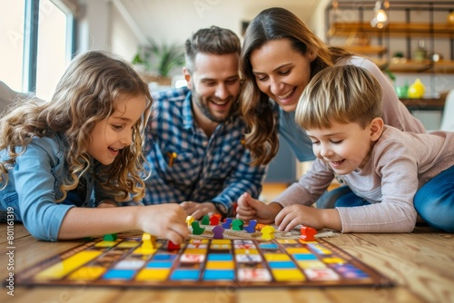 Happy young parents and children having fun, playing board game at home, Generative AI