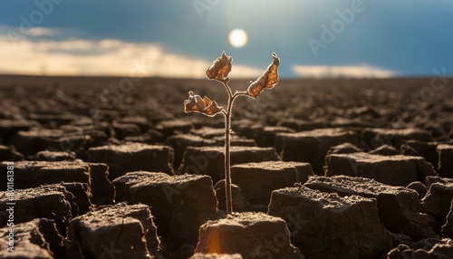 Plant Shriveled in Drought - Global Warming and Climate Change - Sprout dying from Heat and lack of Water - Dead Seedling in a field of dried up Earth or Desert photo