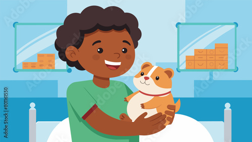 In a hospital room a therapy guinea pig is held by a child with a developmental delay who giggles and coos at the gentle movements and soft fur.. Vector illustration