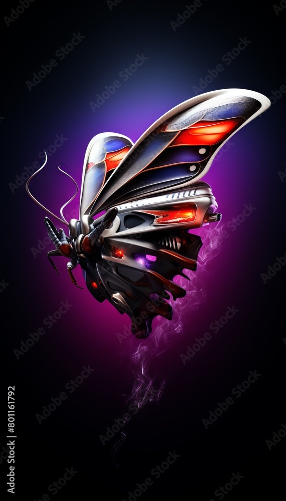 The image shows a mechanical butterfly with glowing wings.