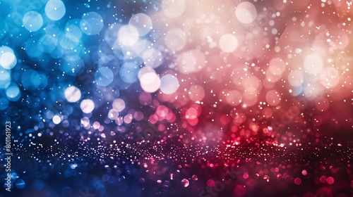 Abstract background of red, blue and white bokeh lights.