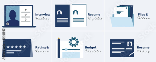 career services illustrations showing company reviews and ratings, budget calculator, resume writing services, resume templates, interview practice, resume samples, online interview, and hiring.