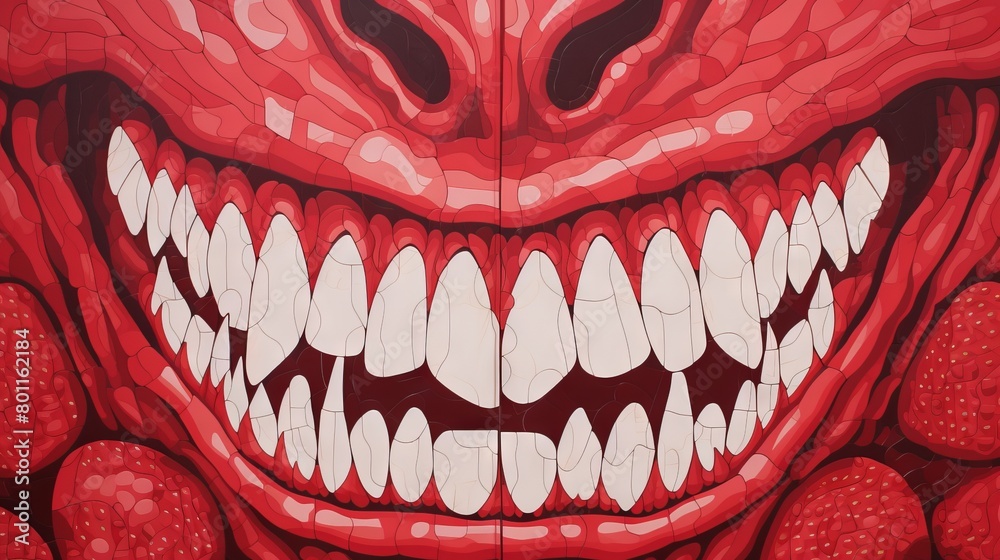 The red dragon's smile is full of sharp white teeth. The red dragon's smile is full of sharp white teeth.